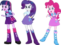 Size: 8000x5921 | Tagged: safe, derpibooru import, pinkie pie, rarity, twilight sparkle, equestria girls, boots, clothes, female, g4, high heel boots, image, pleated skirt, png, shoes, simple background, skirt, transparent background, trio, trio female, vector