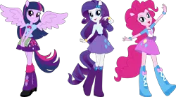 Size: 12411x6897 | Tagged: safe, artist:sugar-loop, derpibooru import, pinkie pie, rarity, twilight sparkle, equestria girls, boots, clothes, female, g4, high heel boots, image, pleated skirt, png, ponied up, shoes, simple background, skirt, transparent background, trio, trio female, vector