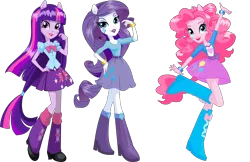 Size: 8470x5482 | Tagged: safe, artist:will290590, derpibooru import, pinkie pie, rarity, twilight sparkle, equestria girls, boots, clothes, female, g4, high heel boots, image, pleated skirt, png, shoes, simple background, skirt, transparent background, trio, trio female, vector