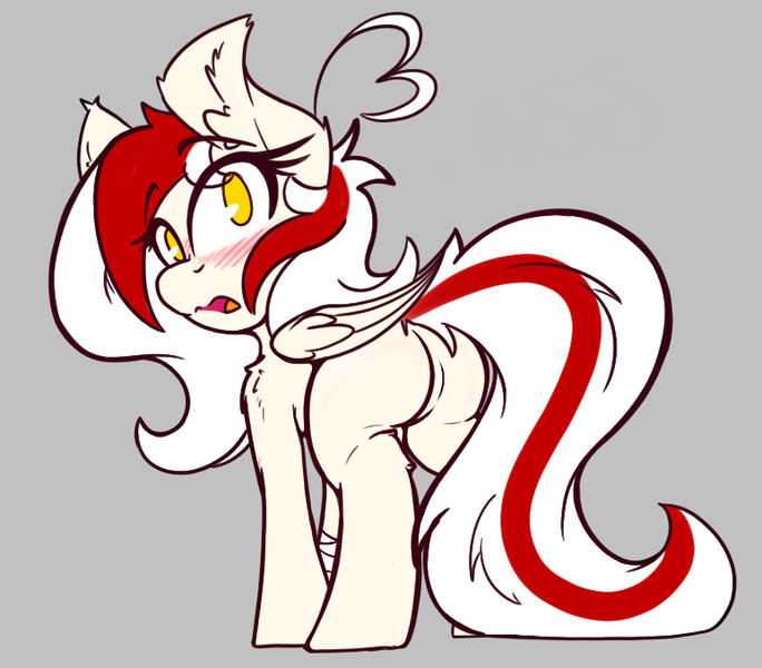 Size: 772x677 | Tagged: suggestive, artist:aryn, derpibooru import, oc, oc:awya lightfeather, unofficial characters only, pegasus, pony, blushing, female, from behind, image, looking at you, looking back, looking back at you, png, rear view, solo, solo female, standing, surprised, tail, two toned mane, two toned tail