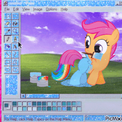 Size: 500x500 | Tagged: safe, artist:orangel8989, derpibooru import, edit, editor:nlkkk, scootaloo, pegasus, pony, animated, blingee, bliss xp, cursor, cute, cutealoo, dyed coat, dyed tail, exploitable meme, female, filly, foal, g4, gif, glitter, image, meme, mouth hold, ms paint, paint, paint bucket, paint in hair, paint on feathers, paint on fur, paintbrush, painting characters, picmix, rainbow paint, scootobsession, solo, tail, webcore