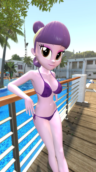 Size: 1080x1920 | Tagged: suggestive, artist:oatmeal!, derpibooru import, suri polomare, human, equestria girls, 3d, belly button, bikini, breasts, cleavage, clothes, g4, gmod, hotel, image, leaning back, legs together, looking at you, png, raised arm, sexy, solo, standing, swimming pool, swimsuit