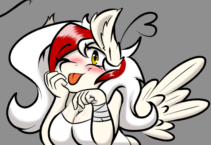 Size: 970x666 | Tagged: safe, artist:aryn, derpibooru import, oc, oc:awya lightfeather, unofficial characters only, anthro, pegasus, :p, bandage, breasts, busty oc, cleavage, image, looking at you, one eye closed, png, smiling, tongue out, two toned mane, wink, winking at you