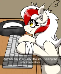 Size: 1500x1828 | Tagged: safe, artist:aryn, derpibooru import, oc, oc:awya lightfeather, unofficial characters only, pegasus, pony, :p, bandage, female, image, keyboard, mare, meme, mousepad, png, solo, solo female, text, tongue out