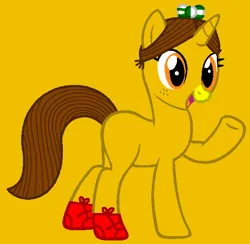 Size: 565x551 | Tagged: safe, artist:firepony-bases, artist:spitfirethepegasusfan39, ponerpics import, ponified, pony, unicorn, adult blank flank, base used, blank flank, bow, clothes, female, freckles, g4, gold background, hair bow, image, little miss, little miss magic, mare, mr. men, mr. men little miss, open mouth, open smile, png, raised arm, shoes, simple background, smiling, sneakers, solo, yellow nose
