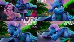 Size: 2000x1125 | Tagged: safe, derpibooru import, edit, edited screencap, editor:quoterific, screencap, pipp petals, dragon, pegasus, pony, g5, my little pony: make your mark, spoiler:g5, spoiler:my little pony: make your mark, spoiler:my little pony: make your mark chapter 6, spoiler:mymc06e01, confused, dragoness, duo, duo female, female, flying, fountain (g5), image, mare, marestream, mobile phone, my little pony: make your mark chapter 6, phone, png, smartphone, spread wings, the isle of scaly, wings