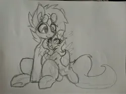 Size: 4000x3000 | Tagged: safe, artist:aryn, derpibooru import, oc, oc:awya lightfeather, oc:gryph xander, unofficial characters only, pegasus, pony, goggles, goggles on head, hug, image, jpeg, looking at each other, looking at someone, sitting, size difference, smiling, smiling at each other, traditional art
