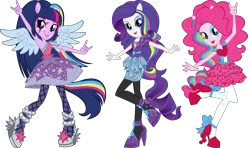 Size: 15056x8930 | Tagged: safe, derpibooru import, pinkie pie, rarity, twilight sparkle, equestria girls, rainbow rocks, boots, clothes, female, g4, high heel boots, image, pleated skirt, png, shoes, simple background, skirt, transparent background, trio, trio female, vector