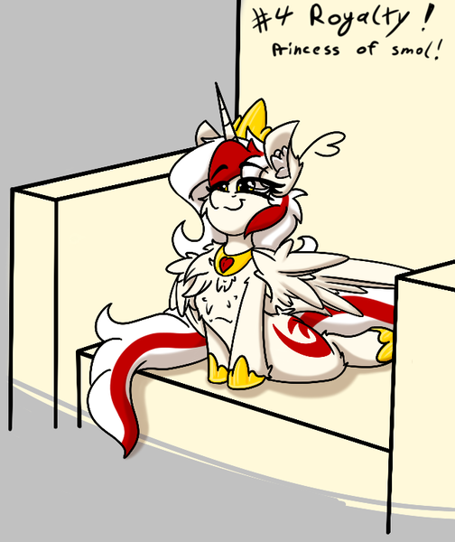 Size: 642x764 | Tagged: safe, artist:aryn, derpibooru import, oc, oc:awya lightfeather, unofficial characters only, alicorn, pony, alicornified, image, jewelry, png, race swap, sitting, small pony, smug, throne, tiara