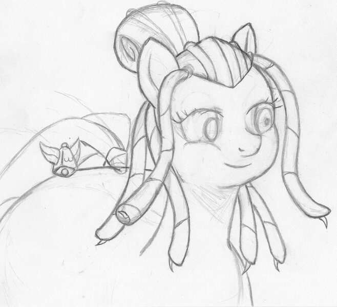 Size: 2308x2104 | Tagged: safe, artist:hell ray, derpibooru import, oc, oc:saggitha slap, unofficial characters only, earth pony, pony, 2013, female, grayscale, image, jpeg, mare, monochrome, plump, sketch, smiling, solo, tail, traditional art