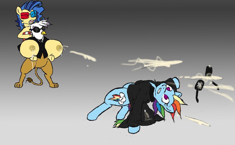 Size: 5100x3147 | Tagged: questionable, artist:hell ray, derpibooru import, gilda, rainbow dash, oc, oc:milky way, gryphon, pegasus, pony, 3d glasses, areola, beak, big crotchboobs, bipedal, breast milk, bullet time, clothes, crotchboobs, dodge, female, food, freckles, g4, gradient background, grope, huge crotchboobs, image, impossibly large crotchboobs, jpeg, kung pow, lactation, leaking, mare, milk, milk squirt, nipples, nudity, open mouth, popcorn, sunglasses, tail, the matrix, weaponized boobs, weaponized crotchboobs