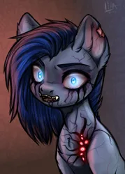 Size: 1713x2393 | Tagged: semi-grimdark, artist:lina, artist:megabait, derpibooru import, oc, oc:lina, oc:lina firesoul, unofficial characters only, pony, undead, zombie, zombie pony, alternate universe, angry, bloodshot eyes, female, image, infected, infection, infection au, injured, looking at you, mlp infection, png, solo, solo female, vains, virus