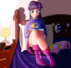 Size: 2233x2152 | Tagged: safe, artist:stellardust, derpibooru import, spike, twilight sparkle, dog, human, equestria girls, bed, clothes, female, high res, image, lamp, lying down, male, mobile phone, phone, png, sitting, skirt, sleeping, smartphone, smiling, socks, spike the dog, sweater, writing