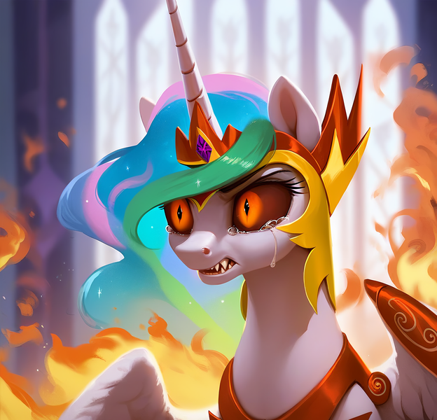 Size: 2048x1968 | Tagged: safe, ai content, derpibooru import, machine learning generated, prompter:chomp country, stable diffusion, daybreaker, princess celestia, alicorn, pony, angry, armor, crying, dark sclera, female, fire, g4, generator:pony diffusion v6 xl, generator:purplesmart.ai, image, mare, mid-transformation, orange eyes, png, sharp teeth, solo, solo female, teeth, transformation