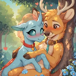 Size: 4096x4096 | Tagged: safe, ai content, artist:venisoncreampie, derpibooru import, machine learning assisted, machine learning generated, stable diffusion, bramble, ocellus, changeling, deer, antlers, blushing, collar, cuddling, cute, derpibooru exclusive, duo, duo male and female, female, flower, forest, g4, generator:pony diffusion v6 xl, heart, hooves, image, looking at each other, looking at someone, male, nature, png, request, shipping, smiling, smiling at each other, tree