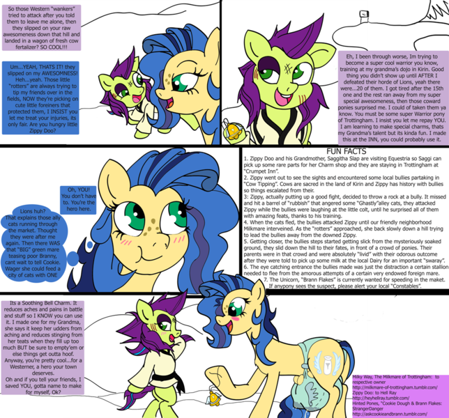 Size: 1073x1000 | Tagged: questionable, artist:hell ray, derpibooru import, oc, oc:milky way, oc:zippy doo, unofficial characters only, earth pony, pony, 5 panel comic, bell, big crotchboobs, bipedal, black eye, blush lines, blushing, bra, branties, breast milk, bruised, clothes, colt, crotchboobs, crotchbra, dialogue, duo, duo male and female, erect nipples, female, foal, freckles, gi, image, lactation, lactation through clothing, leaking milk, looking at someone, looking away, male, mare, milk, nipple outline, nudity, open mouth, panties, png, tail, text, underwear