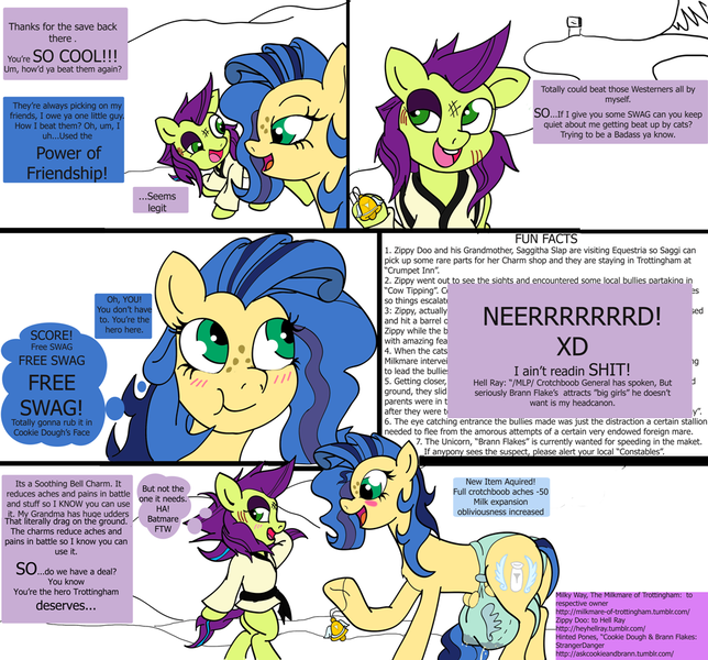 Size: 1073x1000 | Tagged: questionable, alternate version, artist:hell ray, derpibooru import, oc, oc:milky way, oc:zippy doo, unofficial characters only, earth pony, pony, 5 panel comic, bell, big crotchboobs, bipedal, black eye, blush lines, blushing, bra, branties, breast milk, bruised, clothes, colt, crotchboobs, crotchbra, dialogue, duo, duo male and female, erect nipples, female, foal, freckles, gi, image, lactation, lactation through clothing, leaking milk, looking at someone, looking away, male, mare, milk, nipple outline, nudity, open mouth, panties, png, tail, text, underwear