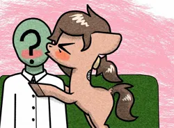 Size: 1952x1440 | Tagged: safe, artist:scandianon, derpibooru import, oc, oc:anon, unofficial characters only, earth pony, pony, blushing, couch, eyes closed, female, floppy ears, image, indoors, jpeg, kiss on the cheek, kissing, mare