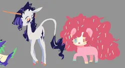 Size: 1267x689 | Tagged: safe, artist:spaceboycelebration, derpibooru import, pinkie pie, rarity, spike, earth pony, pony, unicorn, alternate design, colored horn, duo, ear piercing, earring, eyeshadow, fluffy, g4, gray background, hooves, horn, image, jewelry, leonine tail, makeup, multicolored hooves, necklace, out of frame, piercing, png, redesign, simple background, tail