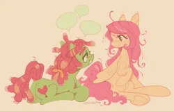 Size: 1968x1260 | Tagged: safe, artist:onionpwder, derpibooru import, fluttershy, tree hugger, earth pony, pegasus, pony, duo, female, gender non-conforming, image, lesbian, looking at each other, looking at someone, lying down, png, prone, ship:flutterhugger, shipping, simple background, speech bubble, trans female, trans fluttershy, transfeminine, transgender, yellow background