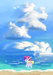 Size: 2896x4092 | Tagged: safe, artist:xallaanacyoxcyor, derpibooru import, pinkie pie, earth pony, pony, beach, butt, cloud, g4, hat, image, inflatable, looking at you, ocean, plot, png, sky, snorkel, solo, swimming, swimming cap, water