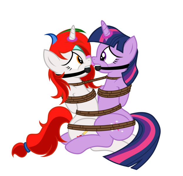 Size: 5464x5265 | Tagged: suggestive, artist:equestria secret guard, artist:radiantrealm, derpibooru import, twilight sparkle, oc, oc:shallow light, unofficial characters only, pony, unicorn, arm behind back, armbinder, ballgag, bondage, canon x oc, duo, duo female, female, gag, helpless, horn, horn ring, image, jewelry, magic suppression, png, pony oc, ring, rope, rope bondage, scared, show accurate, show accurate porn, simple background, tied up, transparent background, unicorn oc