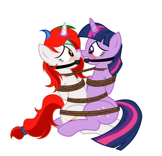 Size: 5464x5265 | Tagged: suggestive, artist:equestria secret guard, artist:radiantrealm, derpibooru import, twilight sparkle, oc, oc:shallow light, unofficial characters only, pony, unicorn, arm behind back, armbinder, ballgag, blushing, bondage, canon x oc, duo, duo female, female, gag, helpless, horn, horn ring, image, jewelry, magic suppression, png, pony oc, ring, rope, rope bondage, scared, show accurate, show accurate porn, simple background, tied up, transparent background, unicorn oc