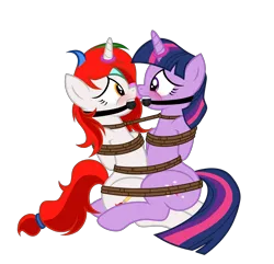 Size: 5464x5265 | Tagged: suggestive, artist:equestria secret guard, artist:radiantrealm, derpibooru import, twilight sparkle, oc, oc:shallow light, unofficial characters only, pony, unicorn, arm behind back, armbinder, ballgag, blushing, bondage, canon x oc, duo, duo female, female, gag, helpless, horn, horn ring, image, jewelry, magic suppression, png, pony oc, ring, rope, rope bondage, scared, show accurate, show accurate porn, simple background, tied up, transparent background, unicorn oc