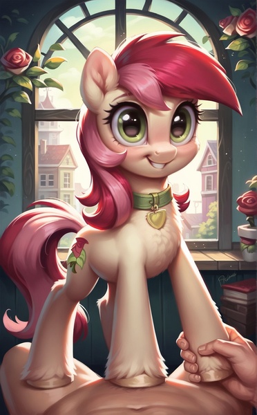 Size: 952x1536 | Tagged: questionable, ai content, derpibooru import, machine learning generated, stable diffusion, roseluck, earth pony, human, pony, cute, cute porn, generator:pony diffusion v6 xl, image, jpeg, male, male pov, nudity, offscreen character, offscreen male, pony pet, pov, prompter:ruberoid, rosepet, weapons-grade cute