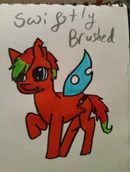 Size: 780x1040 | Tagged: safe, artist:camerontehtranz, derpibooru import, oc, oc:swiftly brushed, unofficial characters only, pony, image, jpeg, open mouth, raised hoof, solo, spread wings, tail, torn ear, traditional art, wings