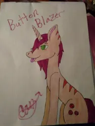 Size: 780x1040 | Tagged: safe, artist:camerontehtranz, derpibooru import, oc, oc:button blazer, unofficial characters only, pony, unicorn, image, jpeg, signature, sitting, smiling, solo, stripes, tail, tongue out, traditional art