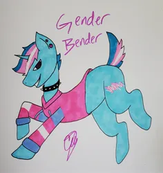 Size: 1908x2018 | Tagged: safe, artist:camerontehtranz, derpibooru import, oc, oc:gender bender, unofficial characters only, pony, unicorn, choker, clothes, ear piercing, hoodie, horn, image, jpeg, looking at you, open mouth, open smile, piercing, pride, pride flag, signature, smiling, solo, spiked choker, tail, traditional art, transgender pride flag, unicorn oc