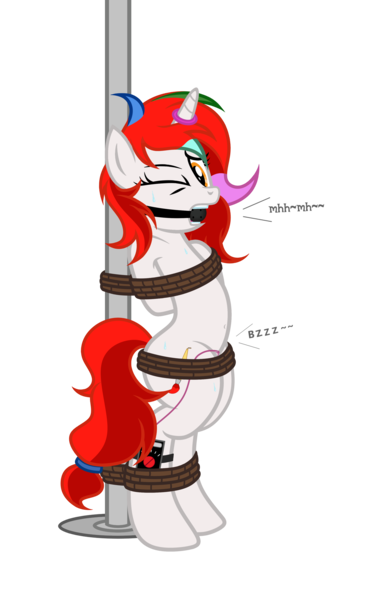 Size: 2473x3914 | Tagged: suggestive, artist:equestria secret guard, artist:radiantrealm, derpibooru import, oc, oc:shallow light, unofficial characters only, pony, unicorn, arm behind back, ballgag, belly button, blushing, bondage, bound and gagged, female, gag, helpless, high res, horn, horn ring, image, jewelry, magic suppression, mare, png, pole, pole tied, ring, rope, rope bondage, sex toy, sexy, simple background, solo, tied up, transparent background, unicorn oc