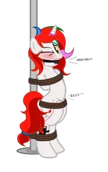 Size: 2473x3914 | Tagged: suggestive, artist:equestria secret guard, artist:radiantrealm, derpibooru import, oc, oc:shallow light, unofficial characters only, pony, unicorn, arm behind back, ballgag, belly button, blushing, bondage, bound and gagged, female, gag, helpless, high res, horn, horn ring, image, jewelry, magic suppression, mare, png, pole, pole tied, ring, rope, rope bondage, sex toy, sexy, simple background, solo, tied up, transparent background, unicorn oc
