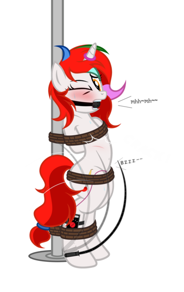 Size: 2473x3914 | Tagged: suggestive, artist:equestria secret guard, artist:radiantrealm, derpibooru import, oc, oc:shallow light, unofficial characters only, pony, unicorn, arm behind back, ballgag, belly button, blushing, bondage, bound and gagged, female, gag, helpless, high res, horn, horn ring, image, jewelry, magic suppression, mare, png, pole, pole tied, punishment, ring, rope, rope bondage, sex toy, sexy, simple background, solo, tied up, torture, transparent background, unicorn oc, whip, whipping