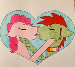 Size: 2581x2299 | Tagged: suggestive, artist:camerontehtranz, derpibooru import, pinkie pie, oc, oc:swamp goblin, earth pony, pony, canon x oc, choker, drool, eyes closed, female, fishnets, floppy ears, freckles, french kiss, g4, heart, hoof on face, image, jpeg, kissing, lesbian, mare, ponysona, signature, tongue out, traditional art