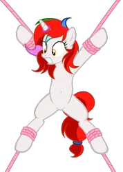 Size: 3263x4582 | Tagged: safe, artist:equestria secret guard, derpibooru import, oc, oc:shallow light, unofficial characters only, pony, unicorn, armpits, belly button, bondage, eyebrows, featureless crotch, female, frown, helpless, horn, horn ring, image, jewelry, lying down, magic suppression, on back, png, ring, rope, rope bondage, scared, sexy, solo, spread eagle, teeth, tied up, unicorn oc
