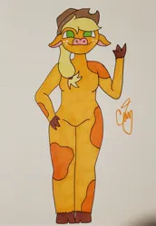 Size: 2543x3702 | Tagged: safe, artist:camerontehtranz, derpibooru import, applejack, anthro, cow, unguligrade anthro, applejack's hat, arm hooves, breasts, cloven hooves, cowboy hat, cowified, featureless breasts, featureless crotch, freckles, furrified, g4, hand on hip, hat, image, jpeg, signature, species swap, traditional art