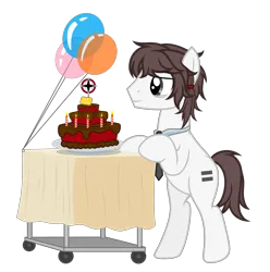Size: 5347x5381 | Tagged: safe, artist:equestria secret guard, derpibooru import, oc, oc:正负等式, unofficial characters only, earth pony, pony, balloon, bipedal, birthday cake, cake, candle, earth pony oc, equal cutie mark, food, image, male, png, simple background, smiling, solo, stallion, transparent background, vector, walking