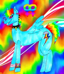 Size: 1440x1674 | Tagged: suggestive, artist:camerontehtranz, derpibooru import, rainbow dash, pegasus, pony, choker, emo, female, g4, grin, image, jpeg, mare, nose piercing, piercing, pride flag, rainbow background, scemo, scene, septum piercing, slit pupils, smiling, solo, spiked choker, spread wings, tail, ugly, wings, wristband