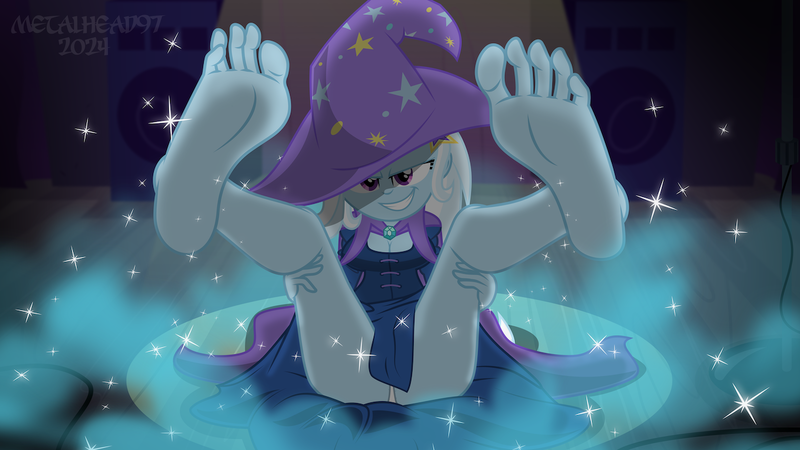 Size: 1280x720 | Tagged: suggestive, alternate version, artist:metalhead97, derpibooru import, trixie, equestria girls, breasts, cape, clothes, dress, fall formal, fall formal outfits, feet, fetish, foot fetish, foot focus, grin, hat, image, legs, legs in air, lidded eyes, looking at you, looking back, looking up, magic, magician, magician outfit, outfit, panties, png, presenting, public, show accurate, skirt, smiling, smiling at you, smoke, spotlight, spread legs, spreading, stage, stars, strategically covered, trixie's cape, trixie's hat, underwear, upskirt, upskirt denied