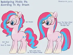 Size: 4096x3072 | Tagged: safe, artist:metaruscarlet, derpibooru import, pinkie pie, earth pony, pony, alternate hairstyle, cutie mark, english, glasses, gray background, hairband, heterochromia, image, jpeg, pinkamena diane pie, redesign, simple background, straight hair