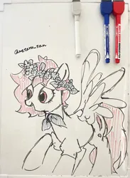 Size: 2109x2880 | Tagged: safe, artist:metaruscarlet, derpibooru import, oc, oc:metaru scarlet, unofficial characters only, pegasus, pony, clothes, cutie mark, flower, flower in hair, image, jpeg, open mouth, pegasus oc, pen, solo, spread wings, traditional art, whiteboard, wings