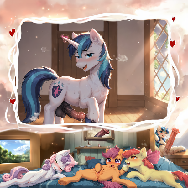 Size: 4096x4096 | Tagged: explicit, ai content, artist:venisoncreampie, derpibooru import, machine learning assisted, machine learning generated, stable diffusion, apple bloom, scootaloo, shining armor, sweetie belle, earth pony, pegasus, pony, unicorn, blushing, clubhouse, cute, cutie mark crusaders, daydream, dream, fantasizing, fantasy, female, filly, foal, foalcon, g4, generator:pony diffusion v6 xl, happy, heart, hooves, horsecock, image, lying, lying down, male, masturbation, naughty, nudity, painting, penis, png, sexy, spread legs, spreading, stallion, steam, steamy, trio, trio female, underage, vaginal secretions