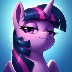 Size: 1024x1024 | Tagged: safe, ai content, derpibooru import, machine learning generated, twilight sparkle, twilight sparkle (alicorn), alicorn, generator:dall-e 3, gradient background, image, jpeg, looking at you, smug, smuglight sparkle, solo