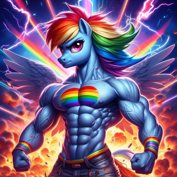 Size: 1024x1024 | Tagged: safe, ai content, derpibooru import, machine learning generated, rainbow dash, anthro, human, explosion, female, generator:dall-e 3, humanized, image, jpeg, michael bay, muscles, muscular female, wat, wtf