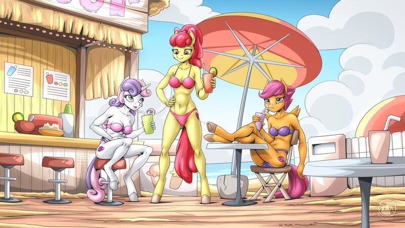 Size: 1920x1080 | Tagged: safe, artist:mysticalpha, derpibooru import, apple bloom, scootaloo, sweetie belle, anthro, earth pony, pegasus, unguligrade anthro, unicorn, ass, bar, beach, beach umbrella, belly button, bikini, breasts, busty apple bloom, busty cmc, busty scootaloo, busty sweetie belle, butt, cleavage, clothes, cutie mark crusaders, drink, drinking, drinking straw, female, grin, hand on hip, image, jpeg, older, older apple bloom, older cmc, older scootaloo, older sweetie belle, open mouth, open smile, scootabutt, smiling, stool, swimsuit, trio, trio female, umbrella
