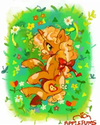 Size: 1440x1800 | Tagged: safe, artist:applepums, derpibooru import, oc, oc:applesnap, unofficial characters only, pony, unicorn, blushing, bow, colored hooves, colored muzzle, curly mane, curly tail, cutie mark, female, flower, freckles, grass, green eyes, hair bow, horn, image, jpeg, looking back, lying down, mare, multicolored mane, multicolored tail, pale belly, ponysona, profile, signature, smiling, splotches, tail, unicorn oc, unshorn fetlocks