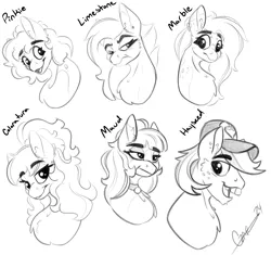 Size: 3224x3025 | Tagged: safe, artist:trashpanda czar, derpibooru import, coloratura, hayseed turnip truck, limestone pie, marble pie, maud pie, pinkie pie, earth pony, pony, body markings, bust, cheek fluff, collar, curly mane, ear fluff, female, floppy ears, freckles, g4, hair bun, hat, image, long hair, long mane, male, mare, monochrome, multiple characters, open mouth, png, ponytail, poofy mane, portrait, simple background, sketch, smiling, stallion, teeth