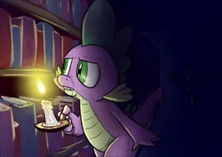 Size: 4092x2893 | Tagged: safe, artist:timsplosion, derpibooru import, spike, dragon, book, bookshelf, candle, creepy, eyes in the dark, glow, glowing eyes, high res, image, jpeg, looking at something, silhouette, solo focus, spread wings, wings